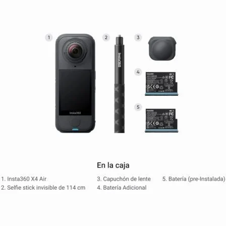 Insta360 X4 Air Cámara Deportiva 360° 8K con Reencuadre, Modo Lente Única 4K, HDR Activo, Selfie Stick Invisible, Impermeable 15m, Color Negro Grafito
